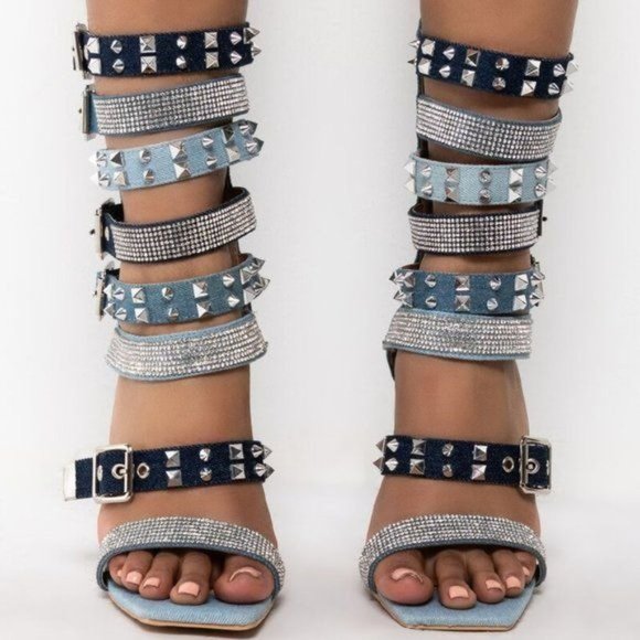 Callie Spiked & Studded: Denim Gladiator Stiletto Sandal 7.5 - Picture 5 of 5